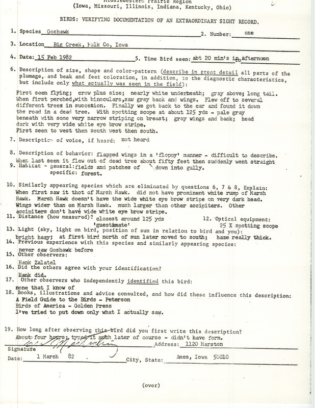 Rare bird documentation form for a Northern Goshawk at Big Creek in Polk County, IA on February 15, 1982.