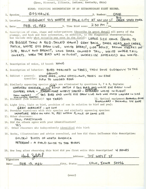 Rare bird documentation form for a Northern Goshawk at Big Creek State Park in Polk County, IA on February 15, 1982.