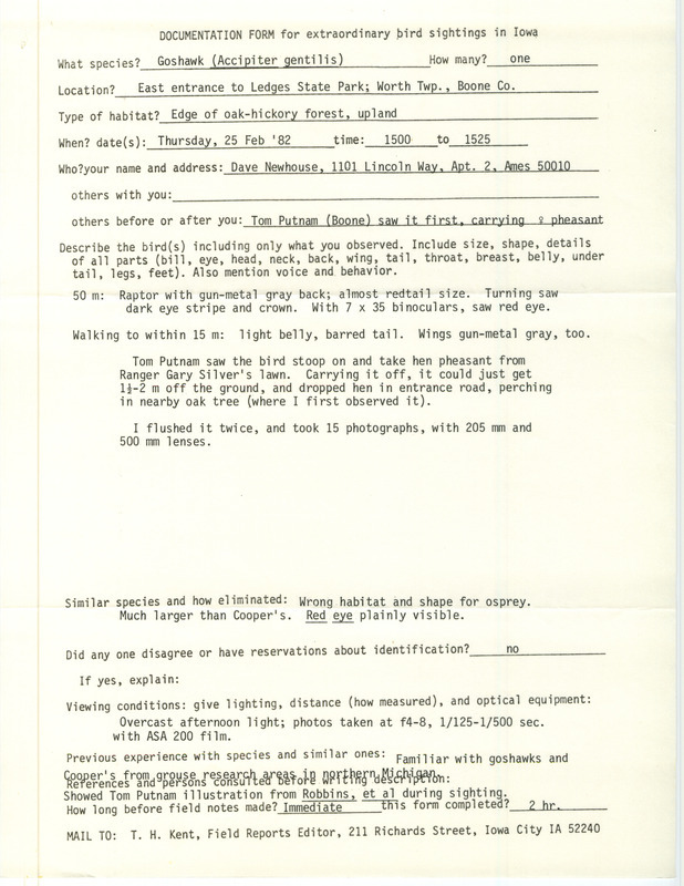 Rare bird documentation form for a Northern Goshawk at Ledges State Park in Boone County, IA on February 25, 1982.