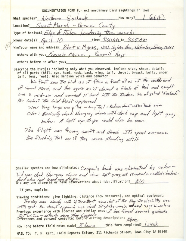 Rare bird documentation form for a Northern Goshawk at Sweet March in Bremer County, IA on April 10, 1982.