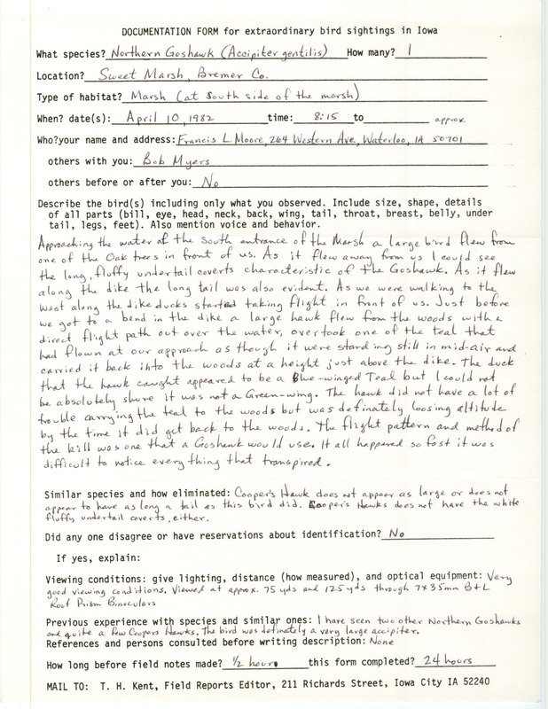 Rare bird documentation form for a Northern Goshawk at Sweet March in Bremer County, IA on April 10, 1982.