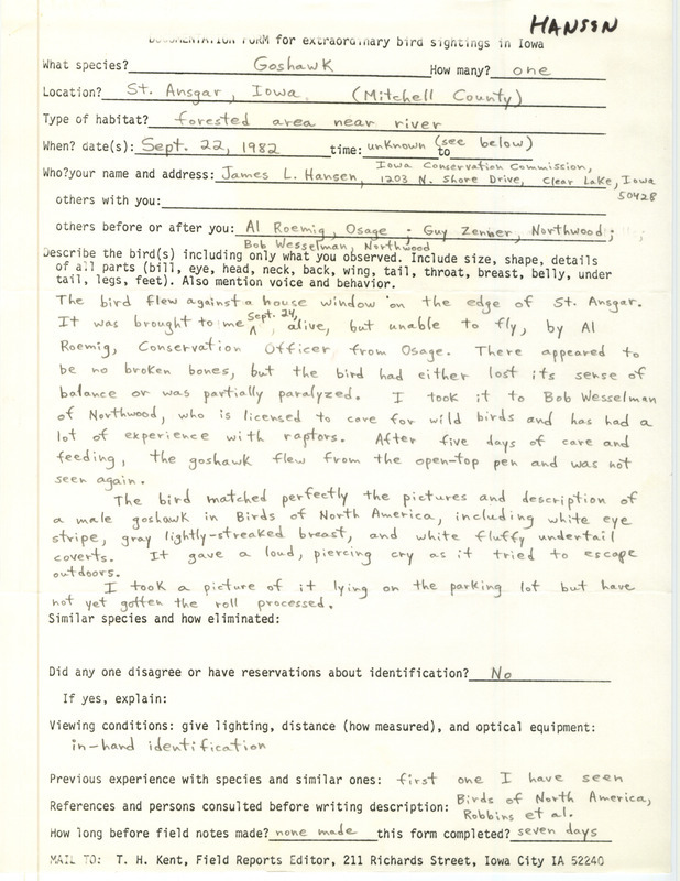 Rare bird documentation form for a Northern Goshawk at Saint Ansgar in Mitchell County, IA on September 22, 1982. There is an attached note from James Hansen to Thomas Kent dated October 1, 1982 regarding a photography of the bird.