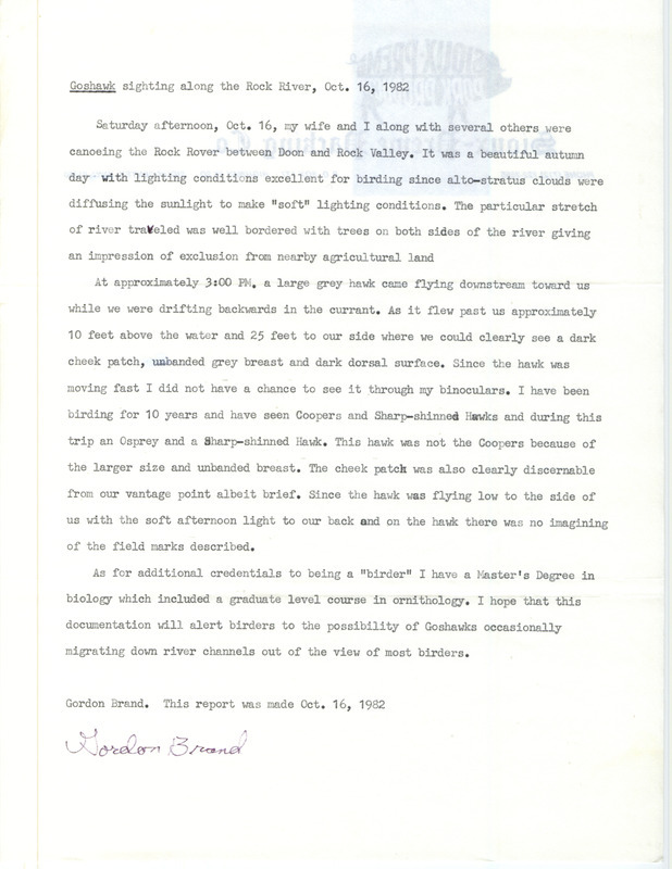 Rare bird report for a Northern Goshawk on the Rock River between Doon and Rock Valley in Lyon County, IA on October 16, 1982.