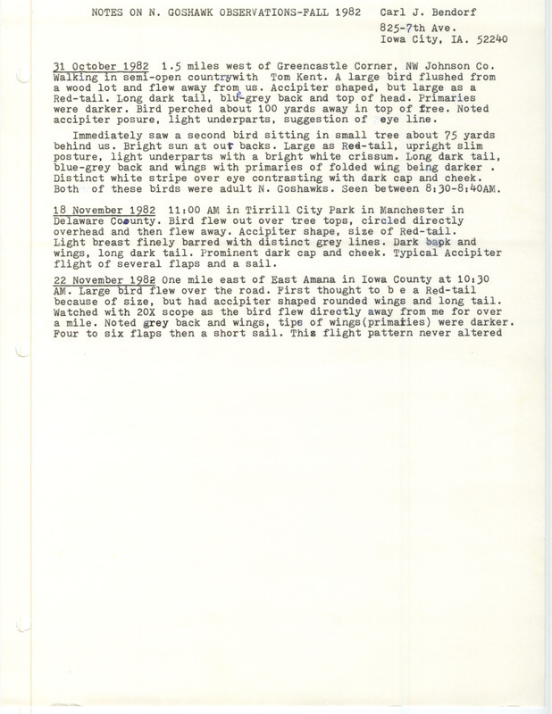 Field notes written by Carl J. Bendorf detailing three Northern Goshawk sightings in eastern Iowa.