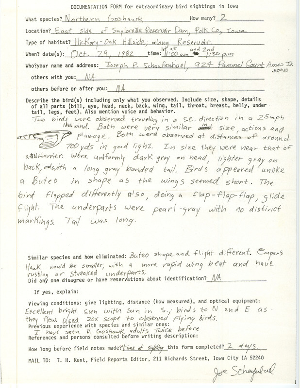 Rare bird documentation form for two Northern Goshawks at Saylorville Reservoir Dam in Polk County, IA on October 29, 1982.