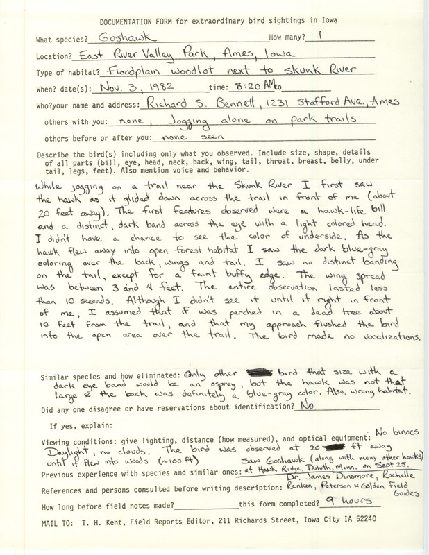 Rare bird documentation form for a Northern Goshawk at East River Valley Park at Ames in Story County, IA on November 3, 1982.