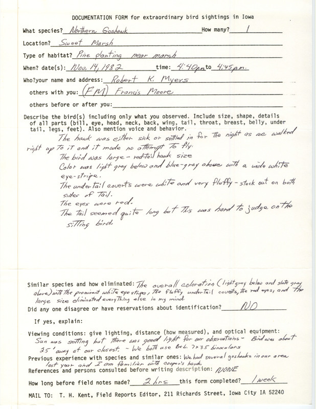 Rare bird documentation form for a Northern Goshawk at Sweet March in Bremer County, IA on November 14, 1982.