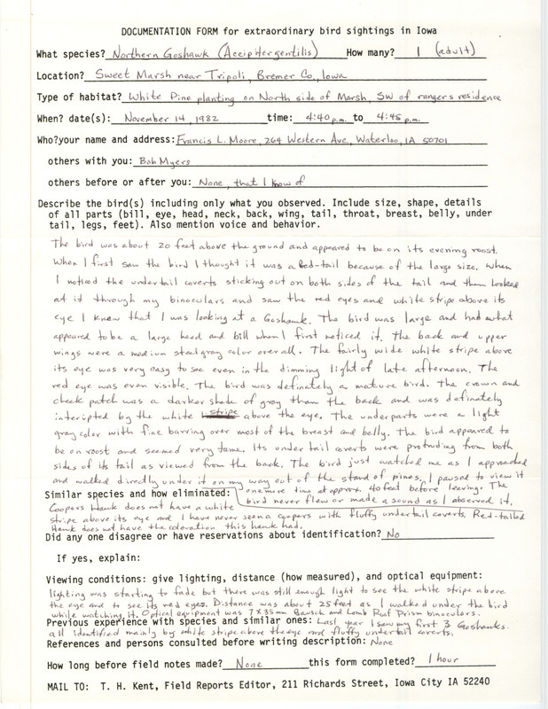 Rare bird documentation form for a Northern Goshawk at Sweet March in Bremer County, IA on November 14, 1982.