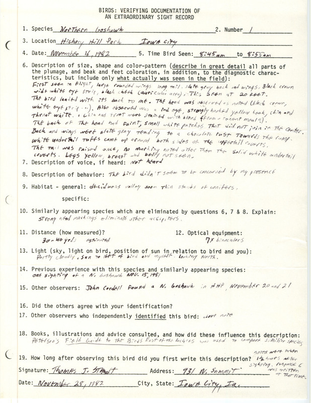 Rare bird documentation form for a Northern Goshawk at Hickory Hill Park in Johnson County, IA on November 16, 1982.