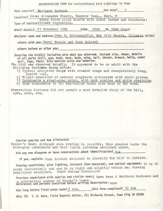 Rare bird documentation form for a Northern Goshawk at Hanover Township in Allamakee County, IA on November 21, 1982.