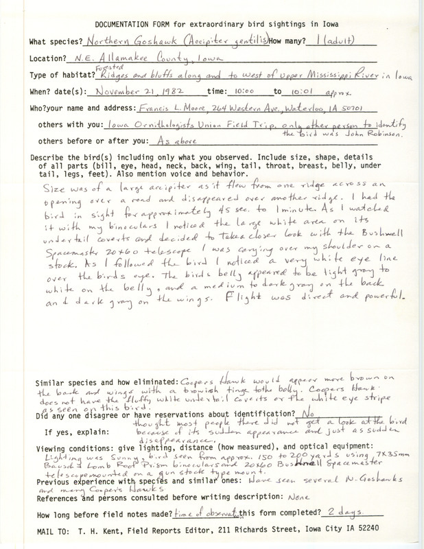 Rare bird documentation form for a Northern Goshawk at Allamakee County, IA on November 21, 1982.