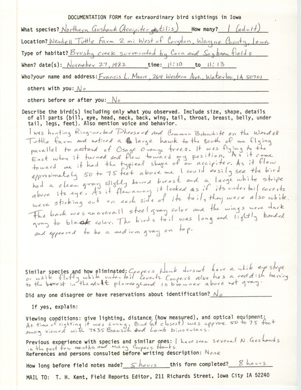 Rare bird documentation form for a Northern Goshawk at the Wendell Tuttle Farm west of Corydon in Wayne County, IA on November 27, 1982.