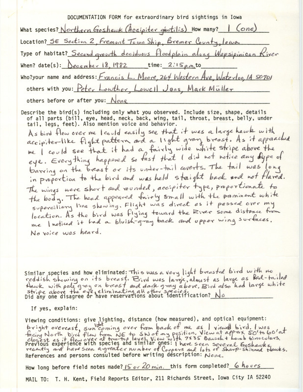 Rare bird documentation form for a Northern Goshawk at Fremont Township in Bremer County, IA on December 18, 1982.