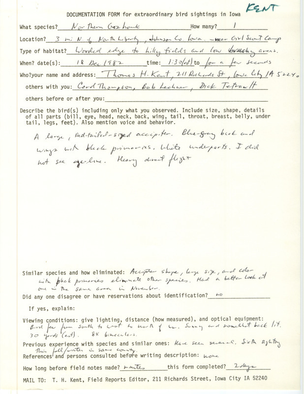 Rare bird documentation form for a Northern Goshawk at North Liberty in Johnson County, IA on December 18, 1982.