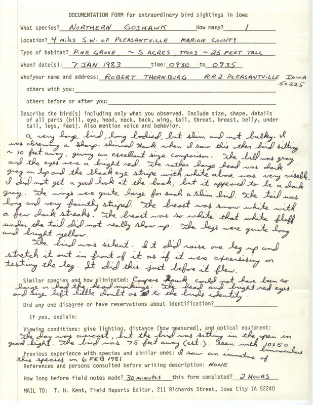 Rare bird documentation form for a Northern Goshawk at Pleasantville in Marion County, IA on January 7, 1983.