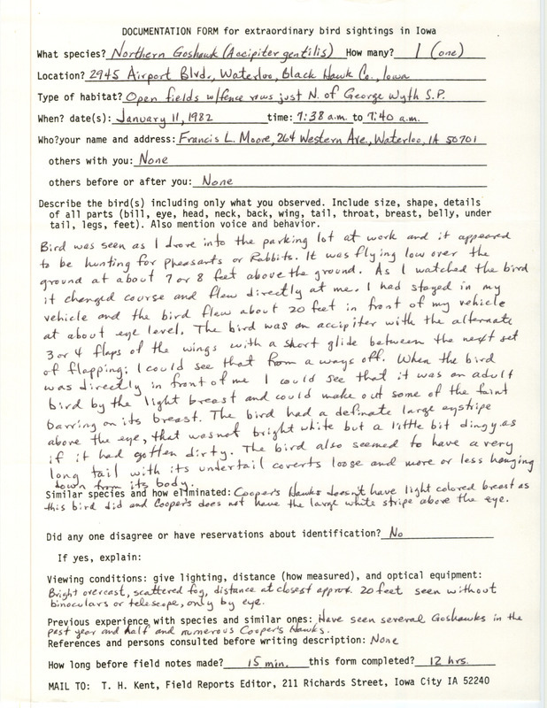 Rare bird documentation form for a Northern Goshawk at Waterloo in Black Hawk County, IA on January 11, 1982.