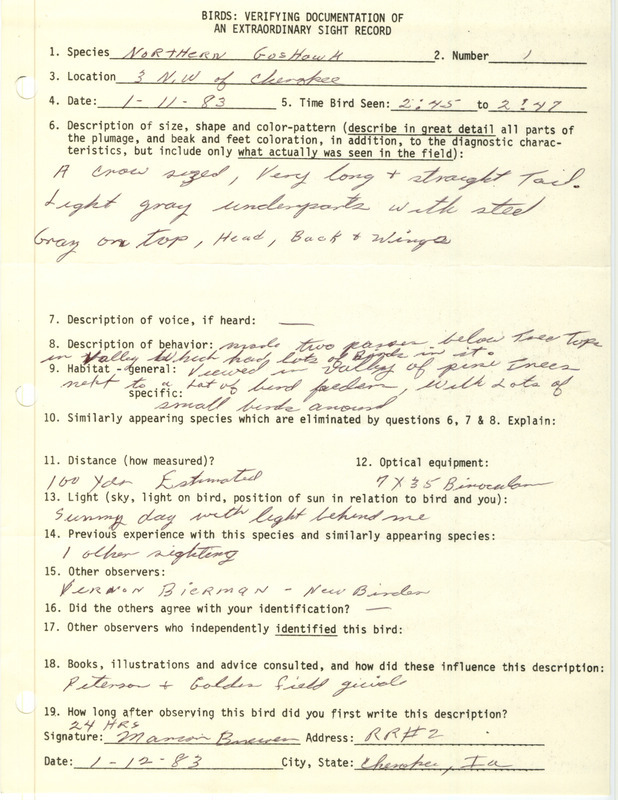 Rare bird documentation form for a Northern Goshawk at Cherokee in Cherokee County, IA on January 11, 1983.