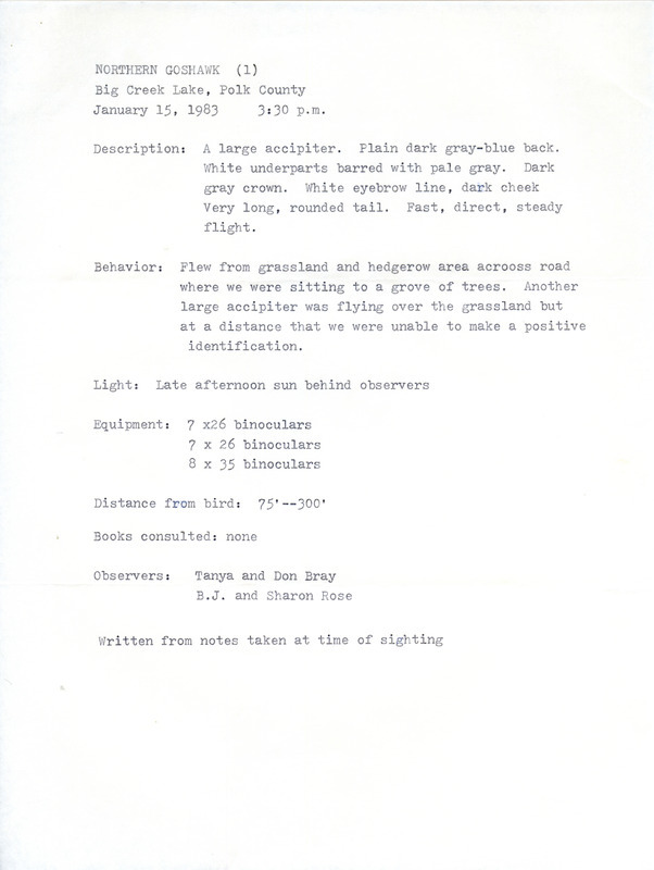 Rare bird documentation form for a Northern Goshawk at Big Creek Lake in Polk County, IA on January 15, 1983.