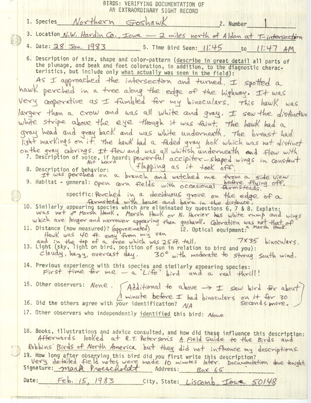 Rare bird documentation form for a Northern Goshawk at Alden in Hardin County, IA on January 28, 1983.