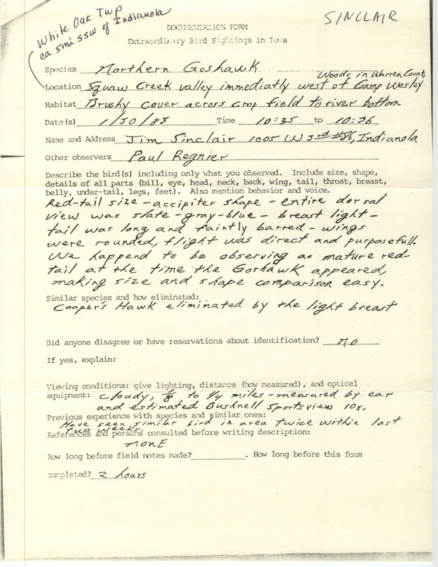 Rare bird documentation form for a Northern Goshawk at Camp Wesley Woods in Warren County, IA on January 30, 1983.