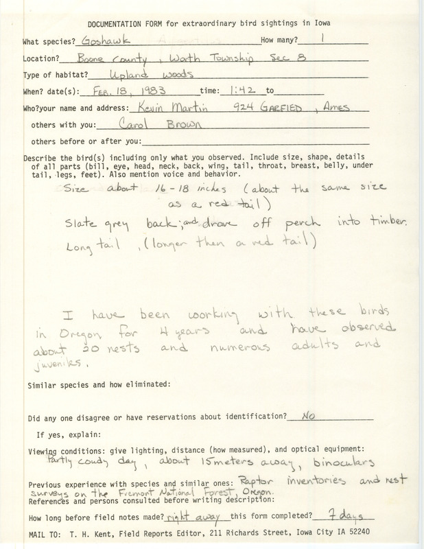 Rare bird documentation form for a Northern Goshawk at Worth Township in Boone County, IA on February 18, 1983.