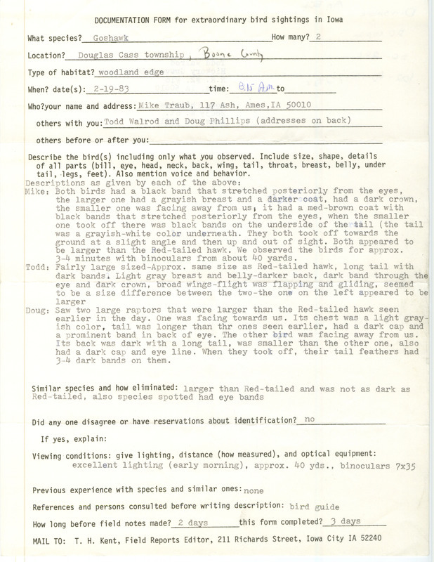 Rare bird documentation form for two Northern Goshawks at Douglas Cass Township in Boone County, IA on February 19, 1983.