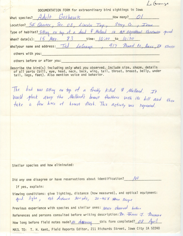 Rare bird documentation form for a Northern Goshawk at Lincoln Township in Story County, IA on March 15, 1983.