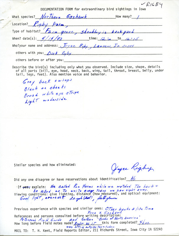 Rare bird documentation form for a Northern Goshawk at Rigby Farm, Laurens in Pocahontas County, IA on April 14, 1983.