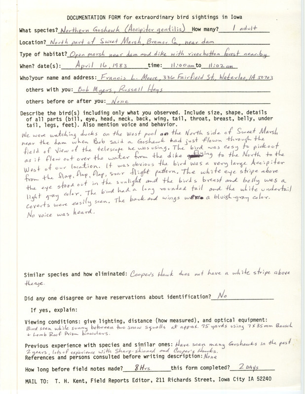 Rare bird documentation form for a Northern Goshawk at Sweet March in Bremer County, IA on April 16, 1983.