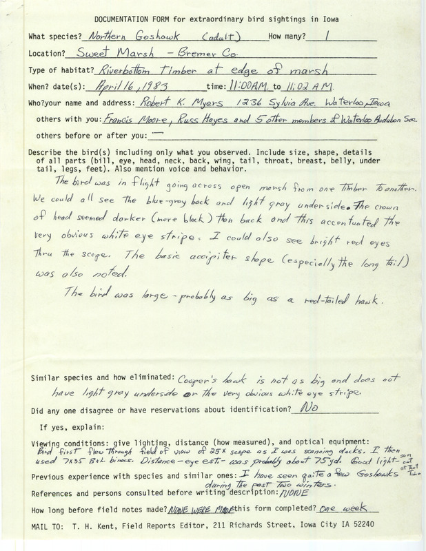 Rare bird documentation form for a Northern Goshawk at Sweet March in Bremer County, IA on April 16, 1983.