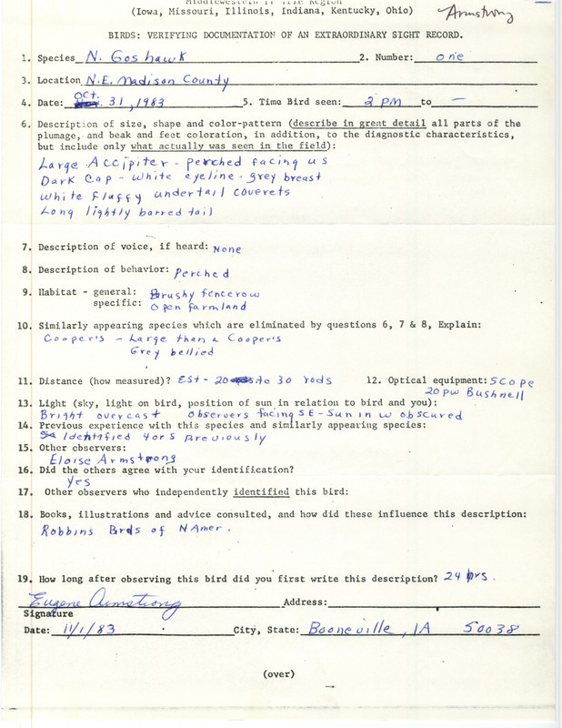 Rare bird documentation form for a Northern Goshawk at Madison County, IA on October 31, 1983.