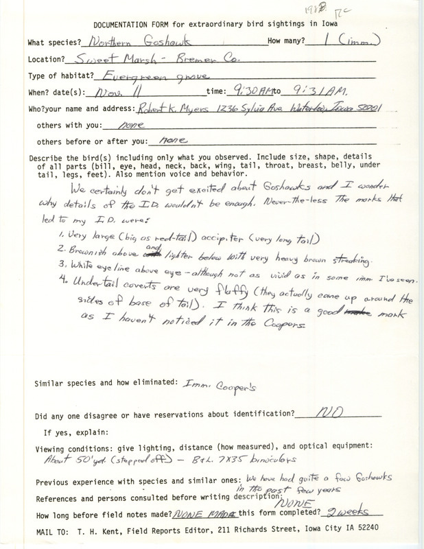 Rare bird documentation form for a Northern Goshawk at Sweet March in Bremer County, IA on November 11, 1983.