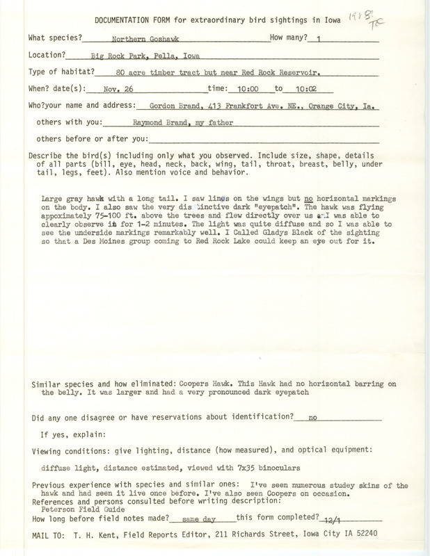 Rare bird documentation form for a Northern Goshawk at Big Rock Park in Pella in Marion County, IA on November 26, 1983.