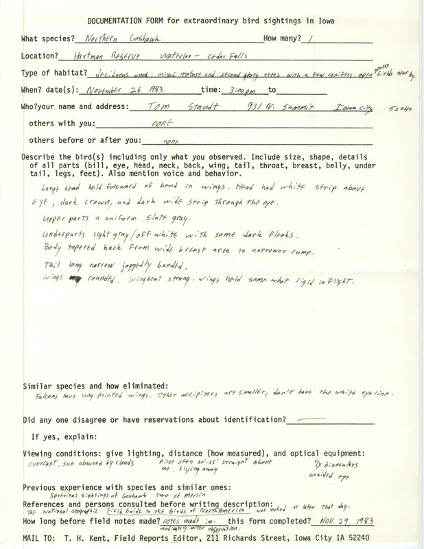 Rare bird documentation form for a Northern Goshawk at Hartman Reserve in Black Hawk County, IA on November 26, 1983.