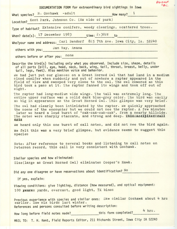 Rare bird documentation form for a Northern Goshawk at Kent Park in Johnson County, IA on December 17, 1983.