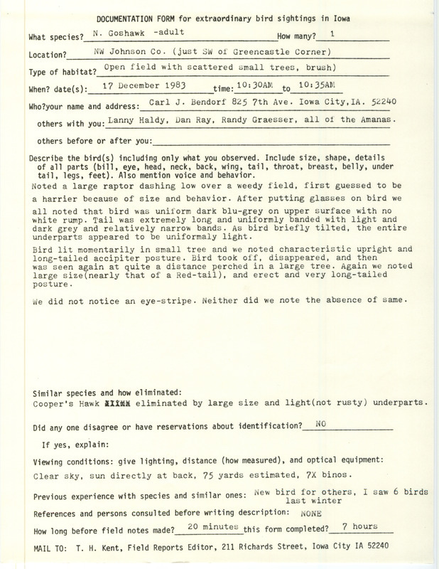 Rare bird documentation form for a Northern Goshawk at Green Castle in Johnson County, IA on December 17, 1983.