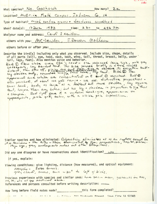 Rare bird documentation form for two Northern Goshawks at MacBride Field Campus in Johnson County, IA on December 17, 1983.