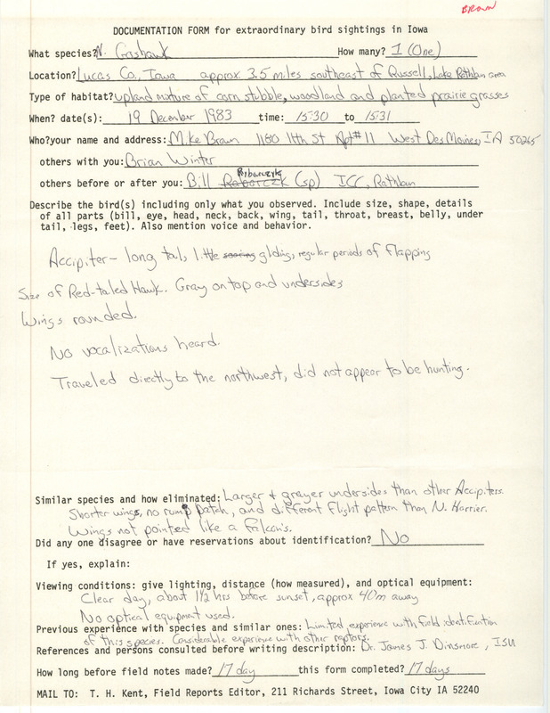 Rare bird documentation form for a Northern Goshawk at Lake Rathbun in Lucas County, IA on December 19, 1983.