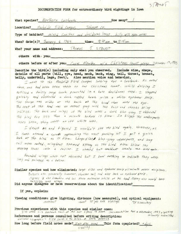 Rare bird documentation form for a Northern Goshawk at MacBride Field Campus in Johnson County, IA on January 6, 1984.