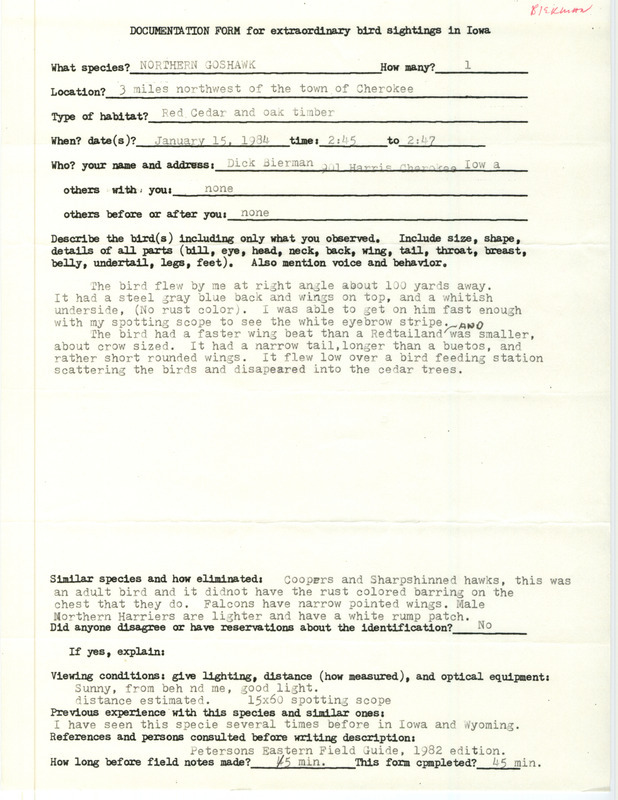 Rare bird documentation form for a Northern Goshawk at Cherokee in Cherokee County, IA on January 15, 1984.