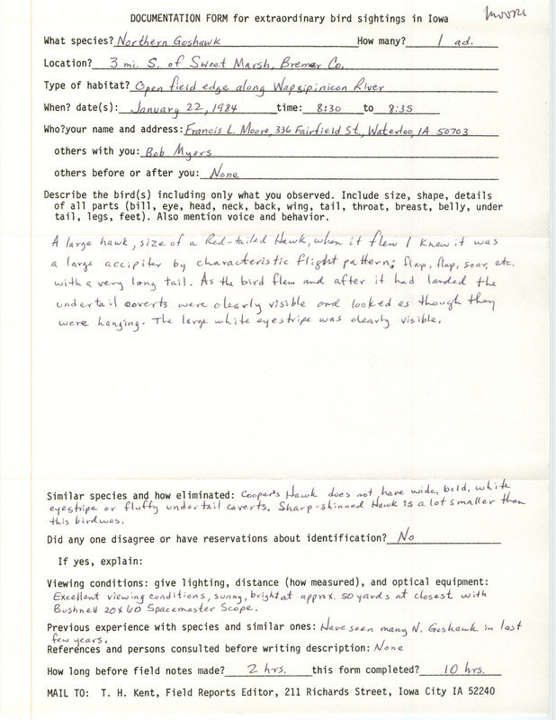 Rare bird documentation form for a Northern Goshawk at Sweet March in Bremer County, IA on January 22, 1984.