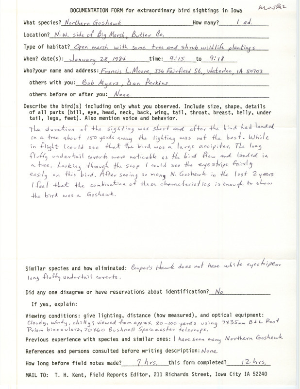 Rare bird documentation form for a Northern Goshawk at Big March in Butler County, IA on January 28, 1984.