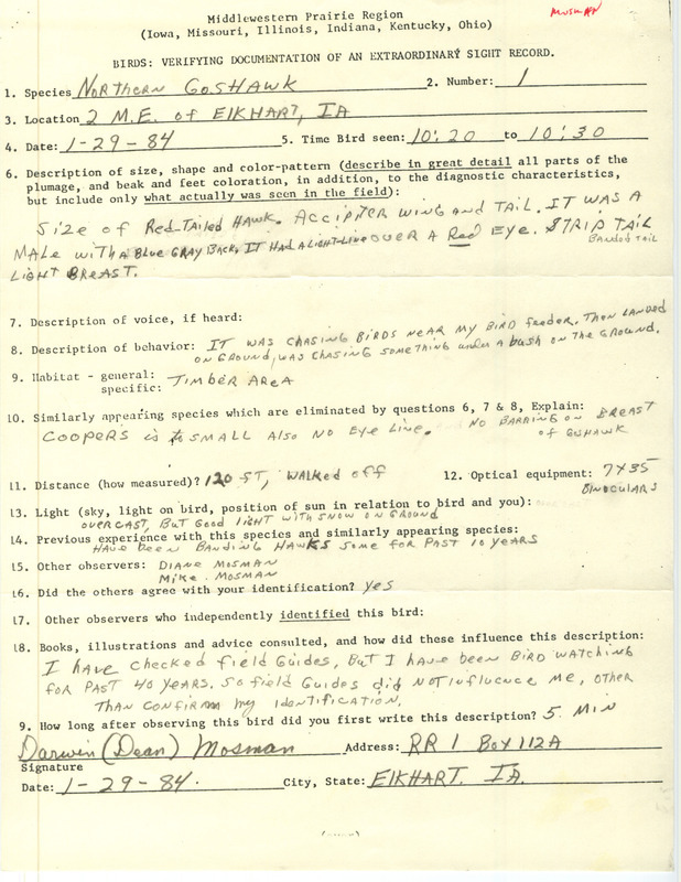 Rare bird documentation form for a Northern Goshawk at Elkhart in Polk County, IA on January 29, 1984.