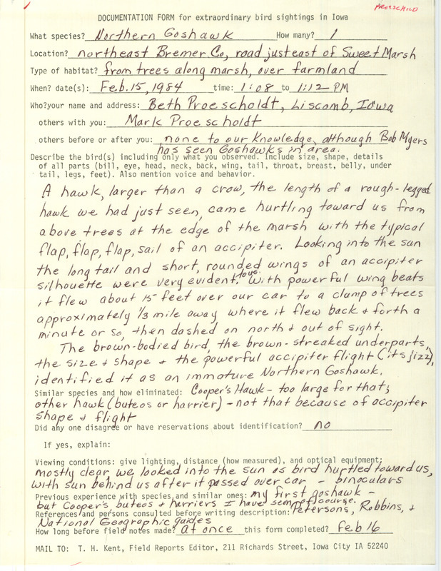 Rare bird documentation form for a Northern Goshawk at Sweet March in Bremer County, IA on February 15, 1984.