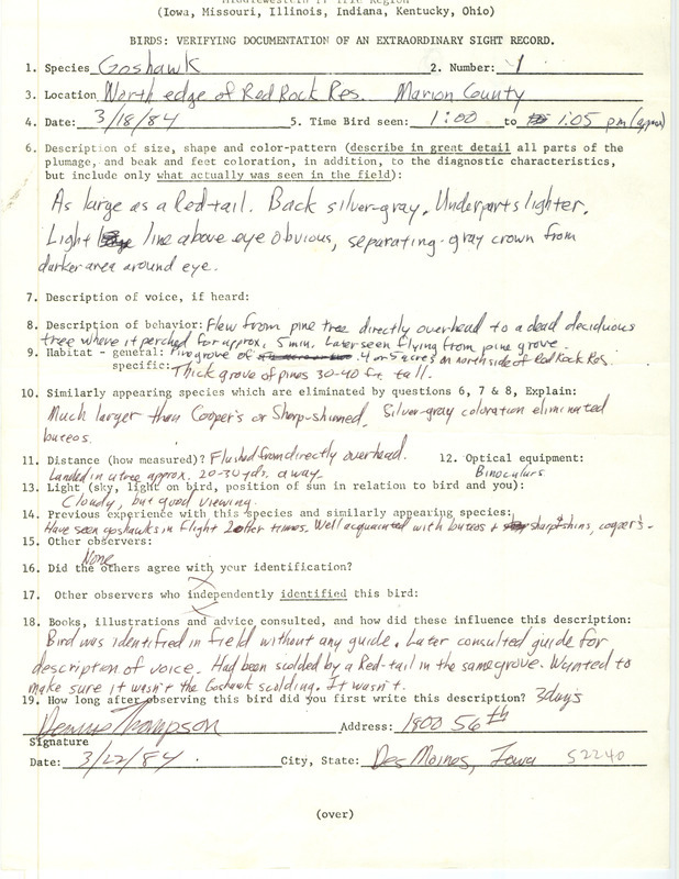 Rare bird documentation form for a Northern Goshawk at Red Rock Reservoir in Marion County, IA on March 18, 1984.