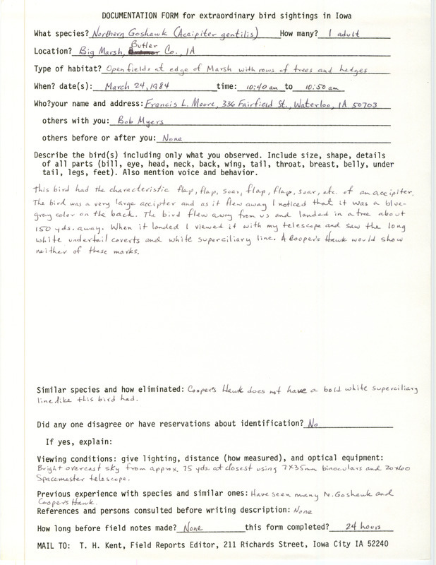 Rare bird documentation form for a Northern Goshawk at Big March in Butler County, IA on March 24, 1984.