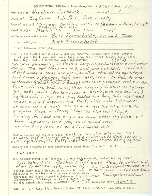 Rare bird documentation form for a Northern Goshawk at Big Creek State Park in Polk County, IA on March 25, 1984.