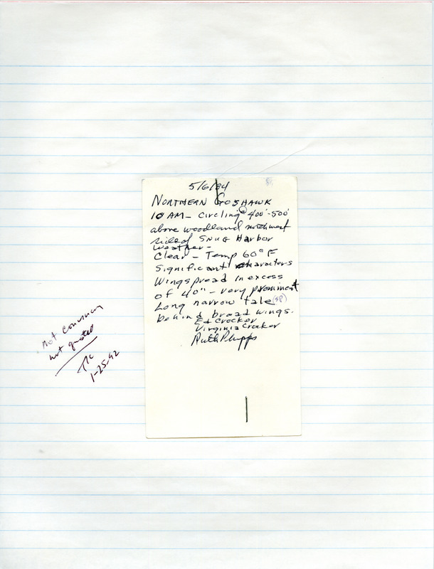 Note written by Ruth Phipps detailing the sighting of a Northern Goshawk at Snug Harbor in Marion County, IA, on May 6, 1984, by herself and Ed and Virginia Crocker.