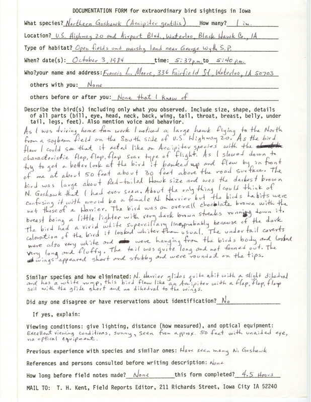 Rare bird documentation form for a Northern Goshawk at Waterloo in Black Hawk County, IA on October 3, 1984.