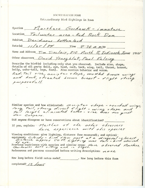 Rare bird documentation form for a Northern Goshawk at Red Rock Dam in Marion County, IA on November 25, 1984.